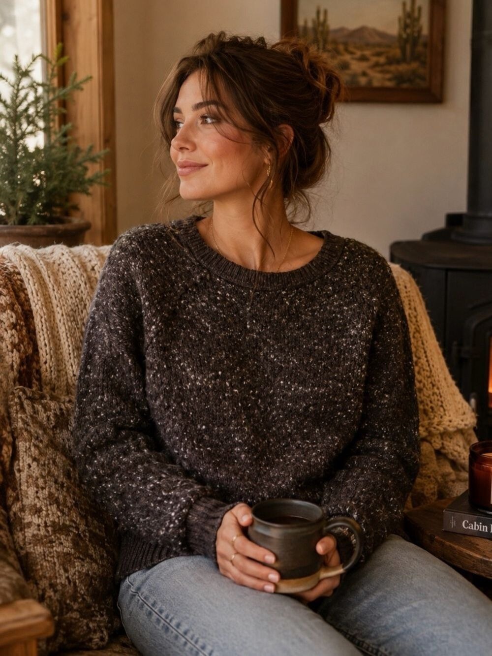 Free People Charcoal White Speckled Crew Neck Sweater XS
